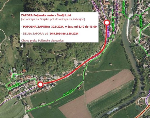 Obveščamo vas o kratkotrajni popolni in dolgotrajni delni zapori prometa na Poljanski cesti v Škofji Loki, od odcepa Grajske poti (Poljanska cesta 18) do odcepa za Zabrajdo (Poljanska cesta 40), zaradi asfaltiranja: 