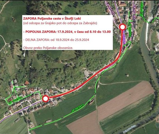 Obveščamo vas o kratkotrajni popolni in dolgotrajni delni zapori prometa na Poljanski cesti v Škofji Loki, od odcepa Grajske poti (Poljanska cesta 18) do odcepa za Zabrajdo (Poljanska cesta 40), zaradi izvedbe nujnih vzdrževalnih del: 