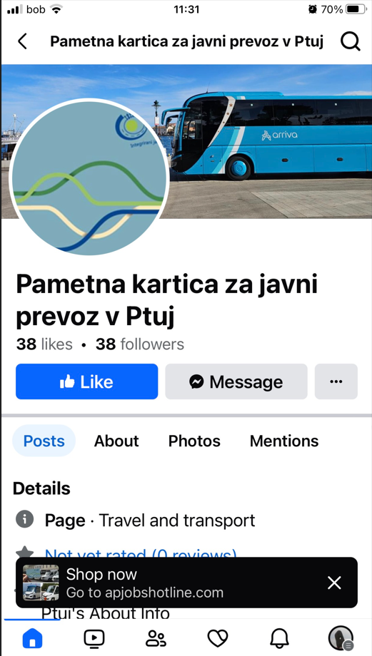 Zaznali smo postavitev Facebook objav, ki vabijo na lažne spletne strani, ki izgledajo kot spletna stran koncesionarja Arriva, ki prebivalce različnih občin, vabijo k vnosu osebnih podatkov, z obljubo uvrstitve v izbor za prejem 'ene od 500 omejenih izdaj kartic IJPP, ki omogoča neomejen dostop do vsega javnega prevoza v občini za 6 mesecev.'