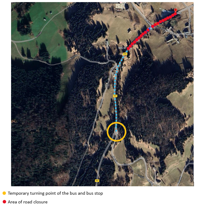 Due to the partial and total closure of the state road RT-905, on the section 1097 Mrzli Studenec – Jereka, in Gorjuše, from 11/13/2024 to 11/20/2024, the Gorjuše bus stop and turning point will be moved to intersection at the turnoff for lower Gorjuše.