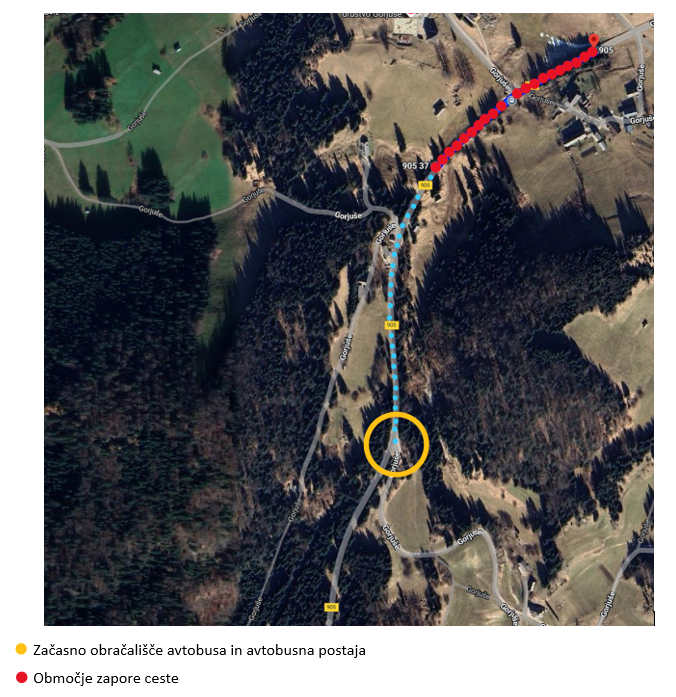 Zaradi delne in popolne zapore državne ceste RT-905, na odseku 1097 Mrzli Studenec – Jereka, na Gorjušah, v terminu od 13. 11. 2024 do 20. 11 .2024, bo avtobusno postajališče in obračališče Gorjuše, za čas trajanja zapore prestavljeno na križišče pri odcepu za spodnje Gorjuše.