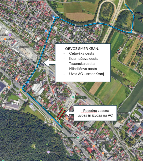 As part of Phase 2 construction on the “Full Interchange at Celovška Road” project, there will be a full closure of the on/off motorway ramps to/from the direction of Kranj and to/from the Šentvid Tunnel, as well as a partial closure of Kosmačeva Street in Ljubljana (Šentvid), from 25 June to 15 July 2025.