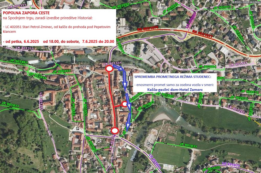 Zardi prireditve Historial bo v Škofji Loki popolna zapora ceste na Spodnjem trgu in sicer od petka, 6. 6. 2025, od 18.00, do sobote, 7. 6. 2025, do 20.00.