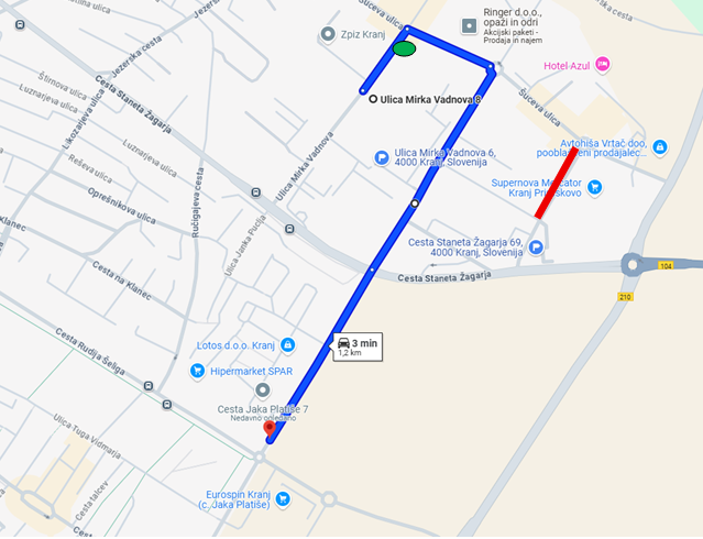 We would like to inform you that from Saturday, July 5, to and including Monday, July 7, 2025, there will be a full road closure near the SUPERNOVA shopping center in Primskovo (marked in red).