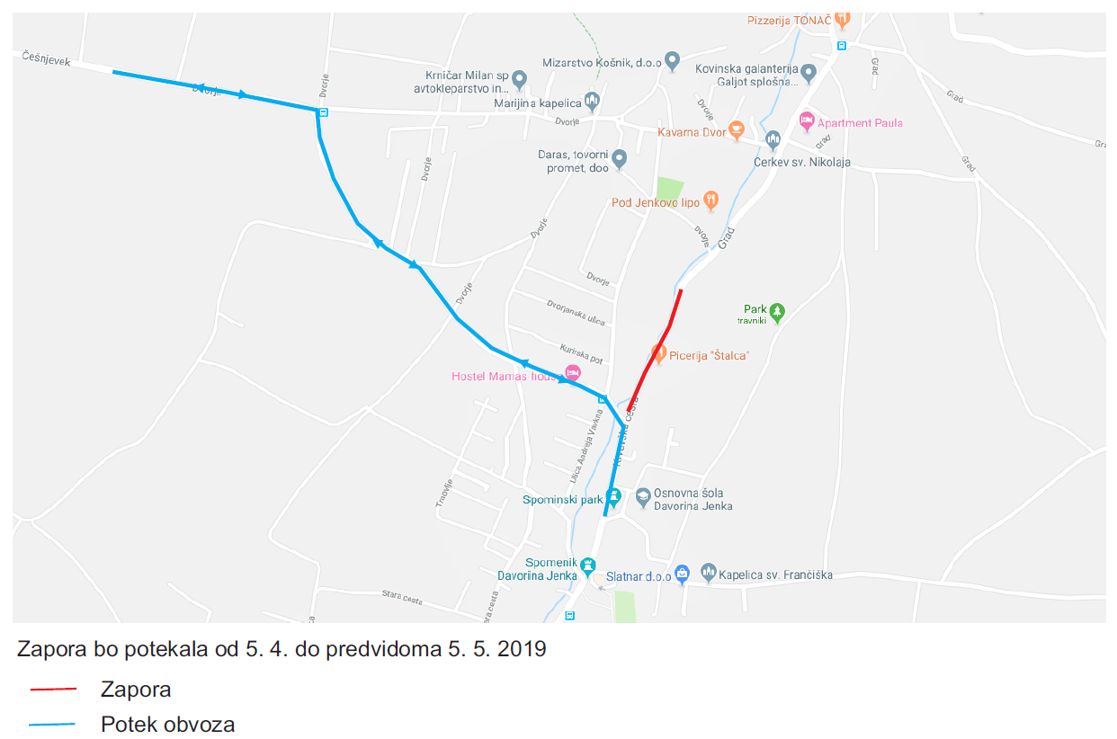 Dear passengers please be informed that from 5. 4. 2019 on bus Cerklje občina will again be in operation. The street Ul. Franca Barleta will reopen for traffic, but part of Krvavška cesta will still remain closed. The complete closure will be from Križišče Barletova and Krvavška cesta towards Grad.