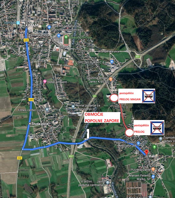 Dear passengers please be informed that due to reconstruction works on road LZ 071063 Zaboršt-Ihan, Breznikova cesta, a complete road closure and a detour will be implemented for all bus lines on that area. The detour will go in direction Domžale-Študa-Ihan and back: