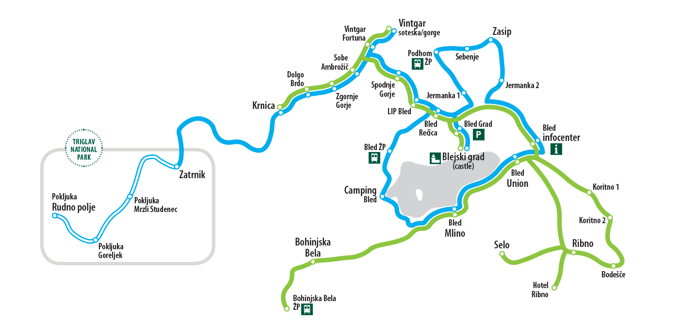 From 15 June till 15 September you can again drive with Bled SHUTTLE BUS. This year you can travel with two buses on the green and blue line. The ticket price is one euro, for guests that spend the night on Bled at least three nights and have the card Julijske Alpe: Bled, the ride is free of charge.