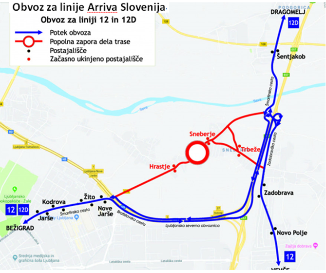 Dear passengers please be informed that due to a complete road closure in Sneberje from 6. 8. till 30. 11. 2019 a detour will be organised along the highway.