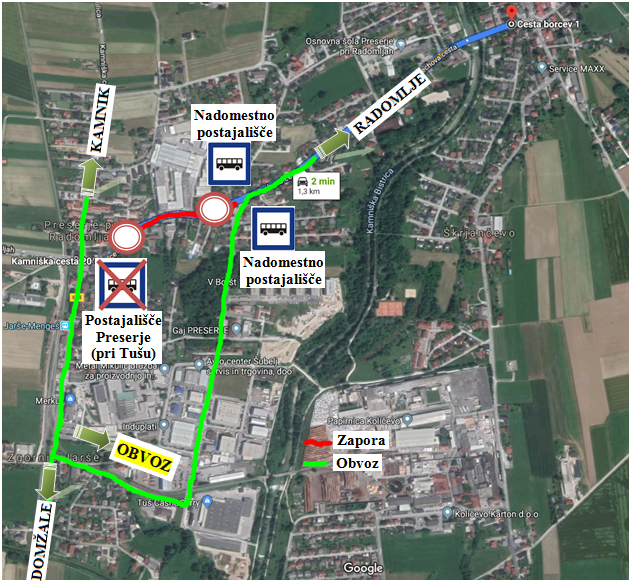 Dear passengers please be informed that from 20. 8. till 28. 8. 2019 there will be a complete road closure of Pelechova cesta in Preserj pri Radomljah with a detour true the industrial zone Jarše till Radomelje in direction Kamnik-Radomlje and back from Radomelje towards Kamnik and Domžal.