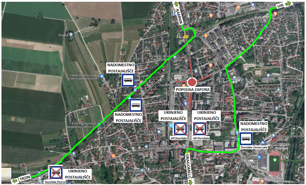 Dear passengers please be informed that from 4. 10. (from 9.00 o'clock on) till foreseeable 8. 10. 2019, bus traffic on certain lines will be changed due to a complete road closure of Ljubljanska road in Domžale.