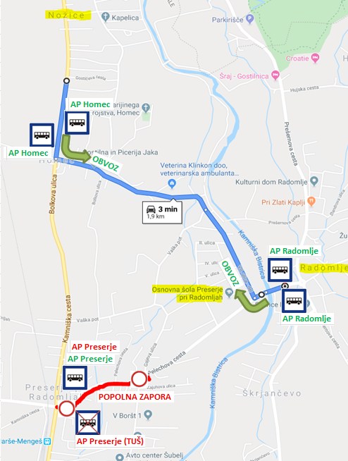 Dear passengers please be informed that on 12. 12. 2019 there will be a complete road closure of Pelechova cesta in Preserje pri Radomljah.