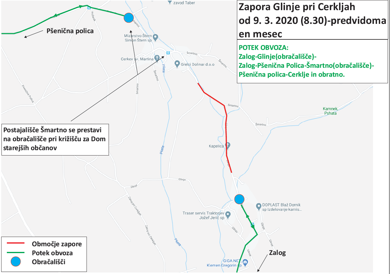 Dear passengers please be informed that from Monday, 9. 3. 2020 till foreseeable one month, a complete road closure will be implemented at Glinje pri Cerkljah.