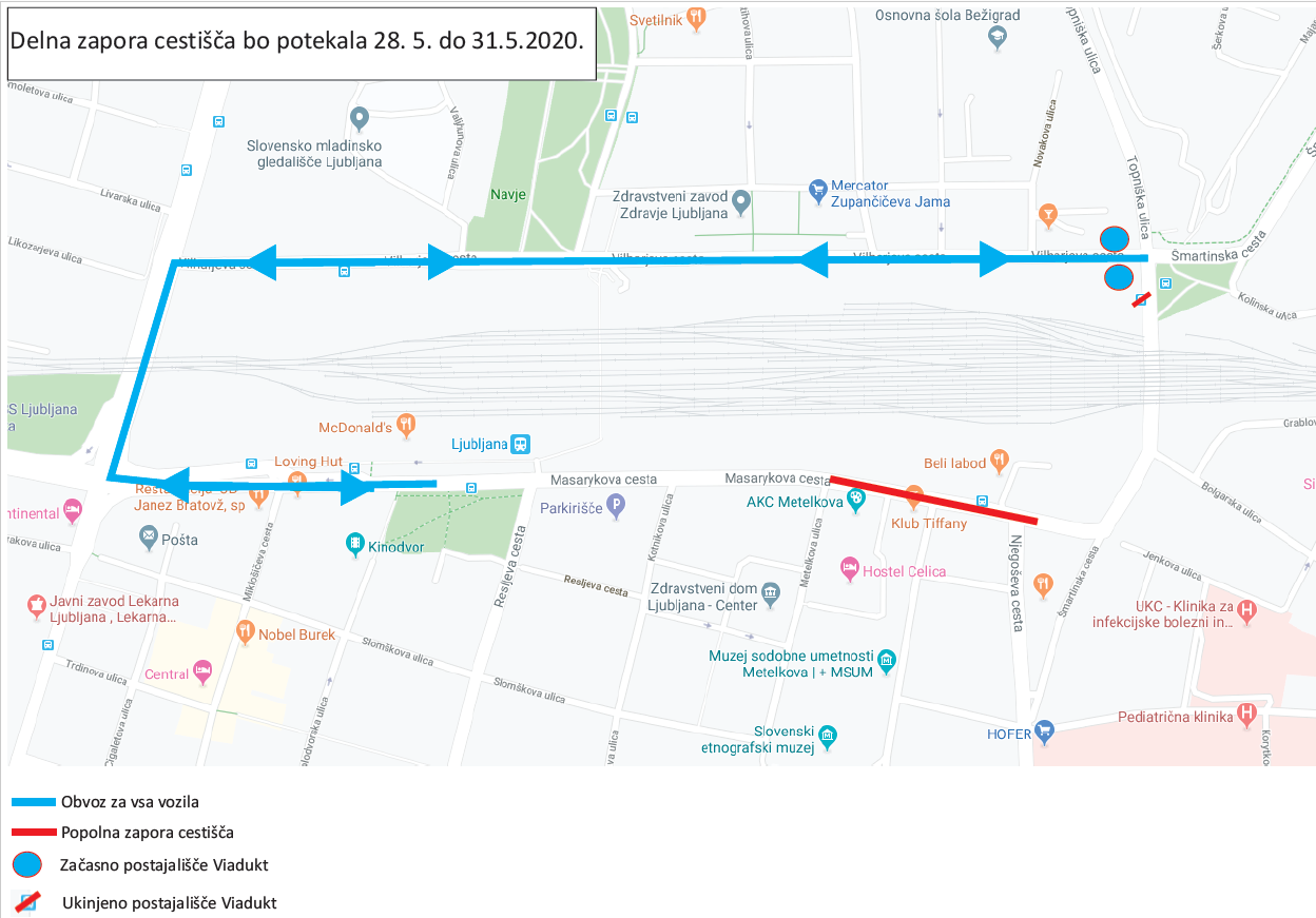 Dear passengers please be informed that from 28. 5. (12.00 o'clock) till Sunday 31. 5. 2020, a complete road closrure in Ljubljana will be implemented due to closure of cross roads Masarykova and Njegoševa.