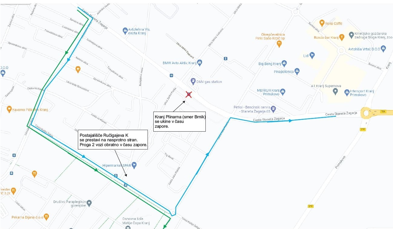 Dear passengers please be informed that due to closure of road Cesta Staneta Žagarja in Kranj, from 14. 10. till 16. 10. 2021, between 7.00 and 17.00 o’clock, but not longer tham 6 hours in one day, bus stop Kranj Plinarna (in direction Brnik) will not be operated.