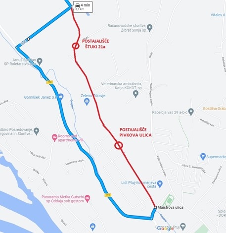 Spoštovani potniki, zaradi popolne zapore ceste v Štukih Ptuj (relacija med postajališči Ptuj Pivkova ul. in Štuki 21a) , od 29. 8. 2022 do 31. 12. 2022, in ker obvoza za avtobuse ni mogoče ob tem zagotoviti, bosta iz obstoječih voznih redov izpadli naslednji postaji: PTUJ PIVKOVA ULICA in ŠTUKI 21A.