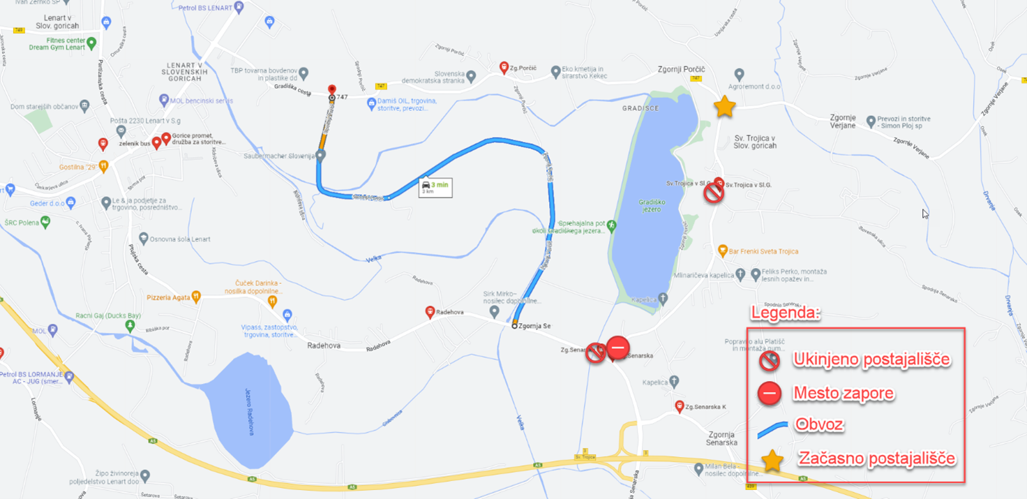 Dear passengers please be informed that due to construction works on relation Senarska-Lenart (construction at the roundabout at Sv.Trojica), bus stops Zg. Senarska and Sv.Trojica will be temporary not operated.