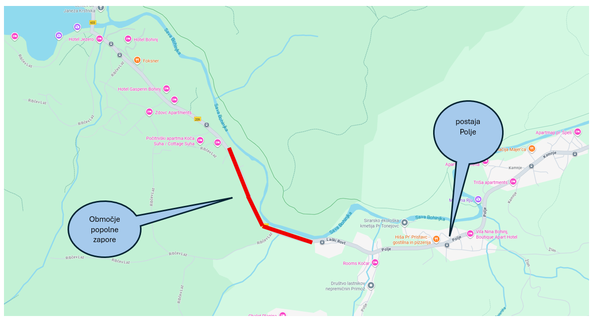 V ponedeljek, 27.10. 2025, od 08:00, do srede 29.10. 2025, do 18:00, bo popolna zapora ceste med Laškim Rovtom in Ribčevim Lazom.