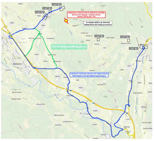 OBVESTILO POTNIKOM O POPOLNI ZAPORI CESTE NA RELACIJI BEGUNJE – TRŽIČ (POD GORAMI) 4 Obveščamo vas, da bo zaradi preplastitve vozišča v petek 13. 3. 2026 in v ponedeljek 16. 3. 2026 med 8.00 in 17:00 uro popolna zapora ceste R3 -638, odsek 1132 Begunje na Gorenjskem - Bistrica Tržič, med Begunjami in Slatno.