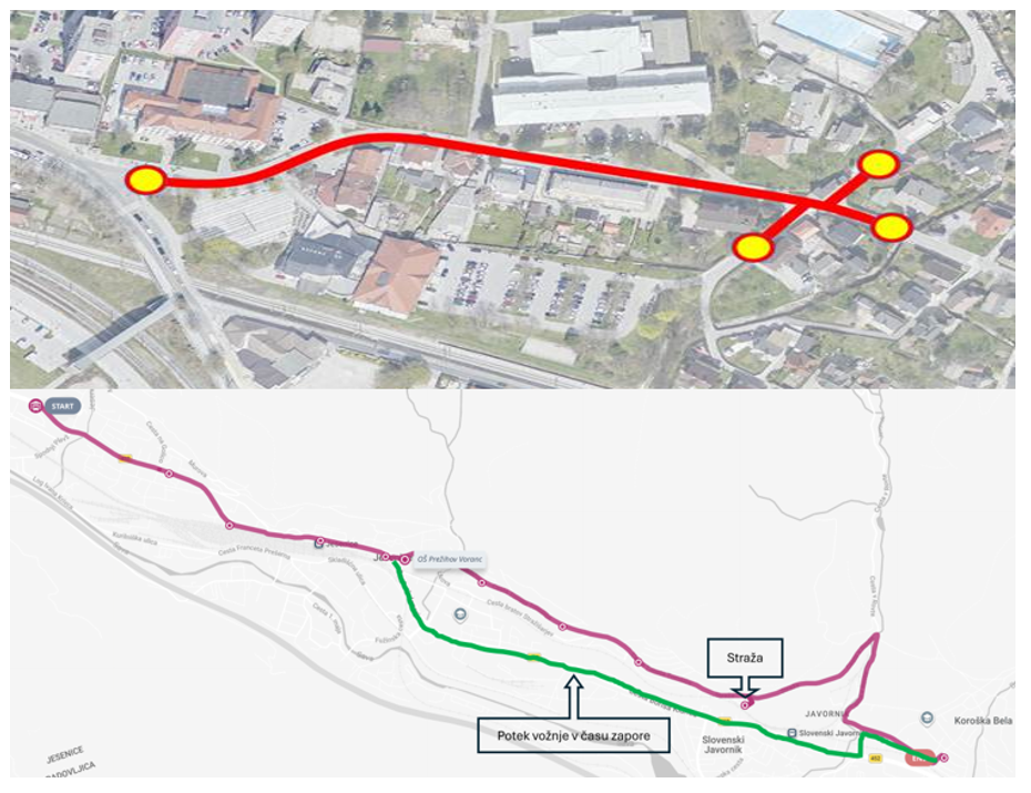 Obveščamo vas, da bo zaradi obnove občinske ceste LZ 152051 Gimnazija – Straža med priključkom na Cesto maršala Tita (državna cesta) in Aljaževo ulico, uvedena popolna zapora.